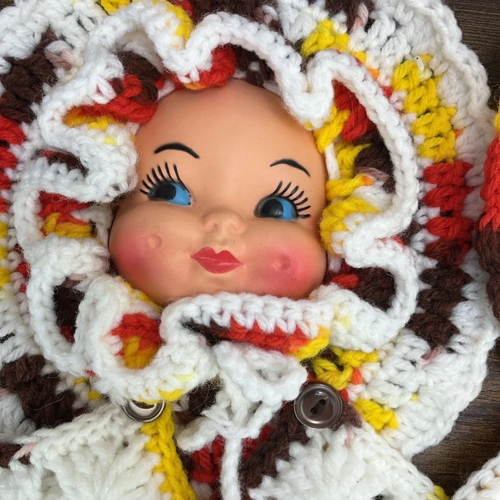 Two Hand Crochet Baby Face with Two Pot Holders Vintage Kitchen Decor